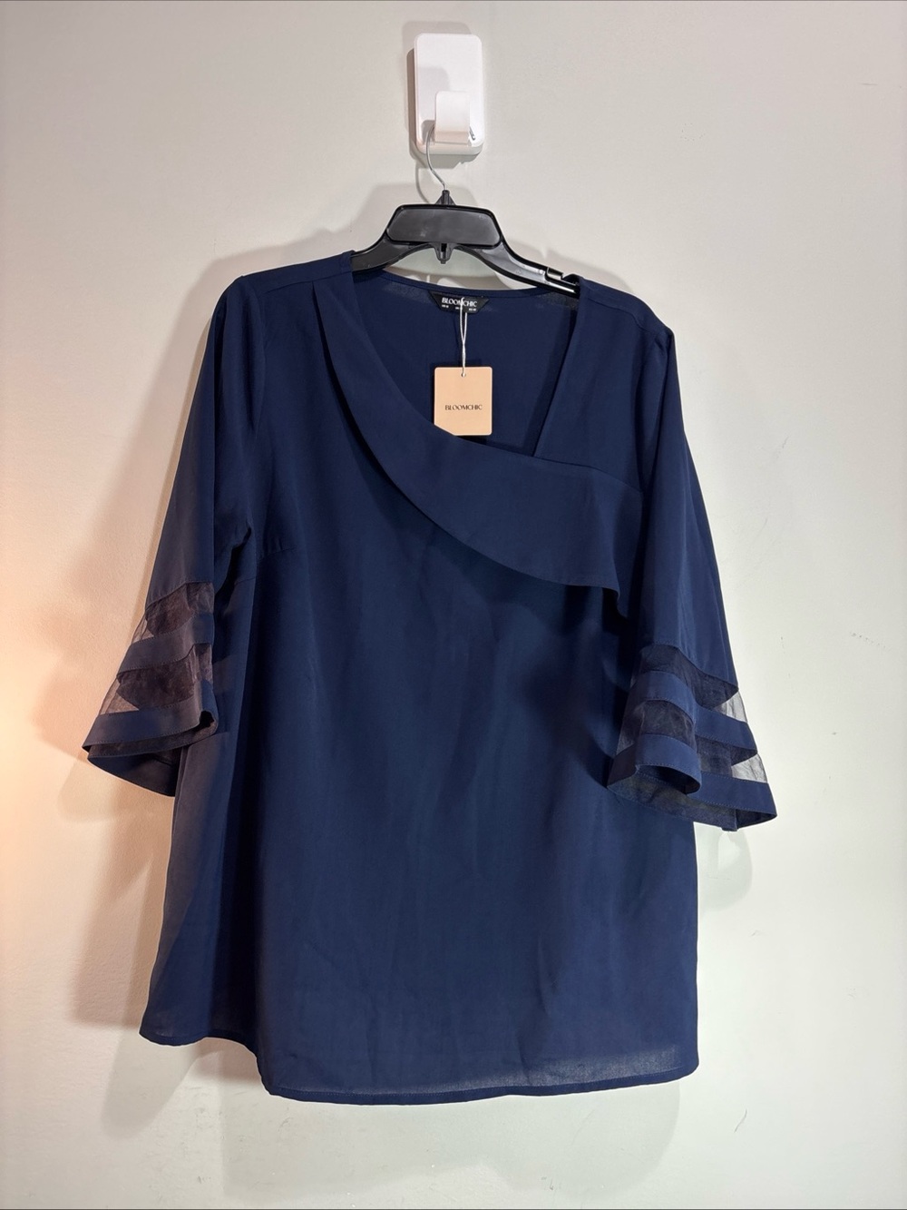 Bloomchic Navy Sheer-Trim Ruffle Sleeve Blouse. 1407